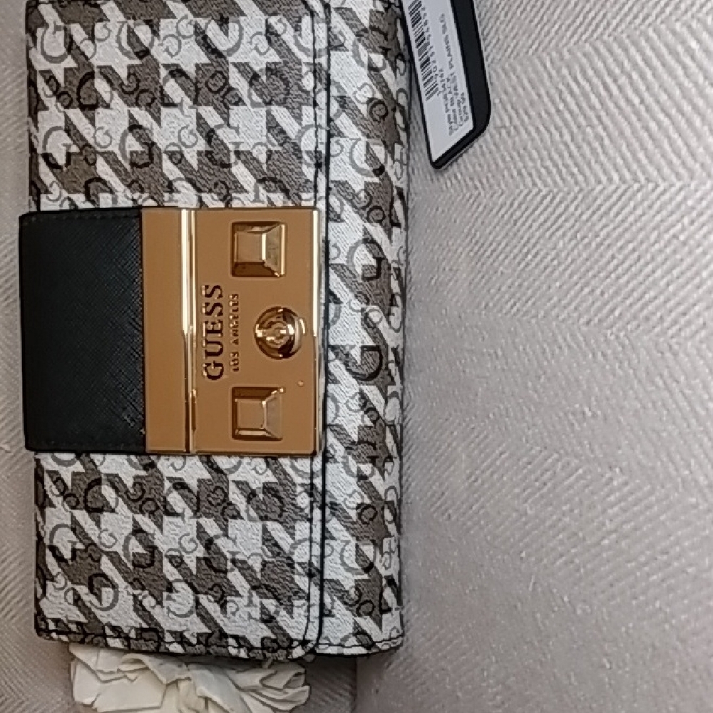 Guess Monogram Wallet In Black, Creme And Tan With Gold Accents